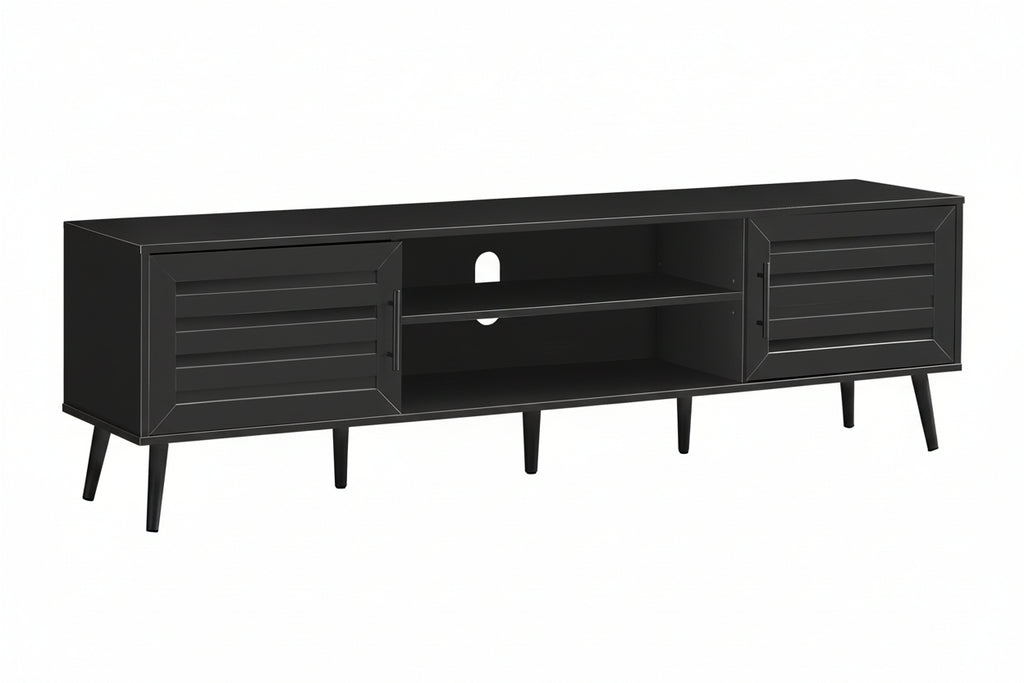 Modern TV stand by Meuble Divino with sleek design, wooden finish, and open shelving for media devices and accessories.