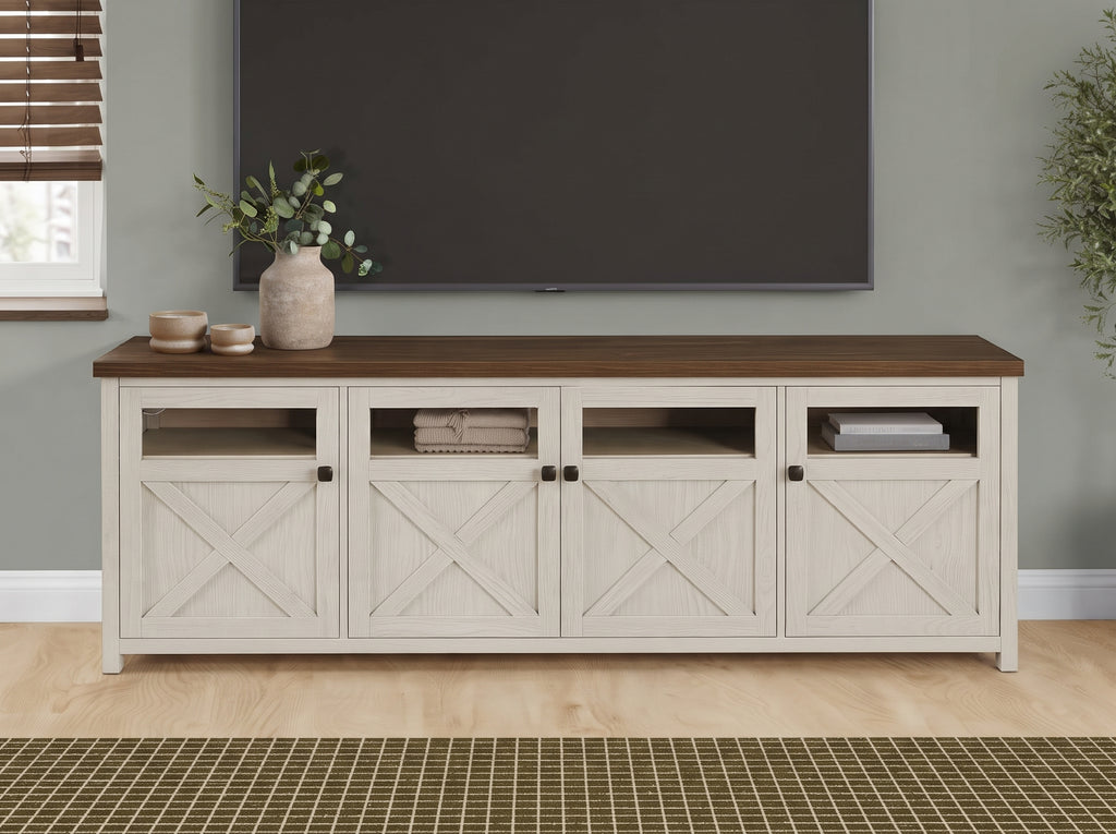 Modern farmhouse 72-inch TV stand in washed oak and dark walnut by Meuble Divino, featuring open shelves and storage compartments.