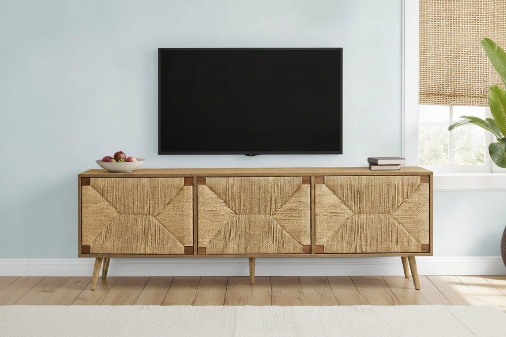 Meuble TV Mid-Century en noyer de 183 cm avec portes en jonc de mer naturel