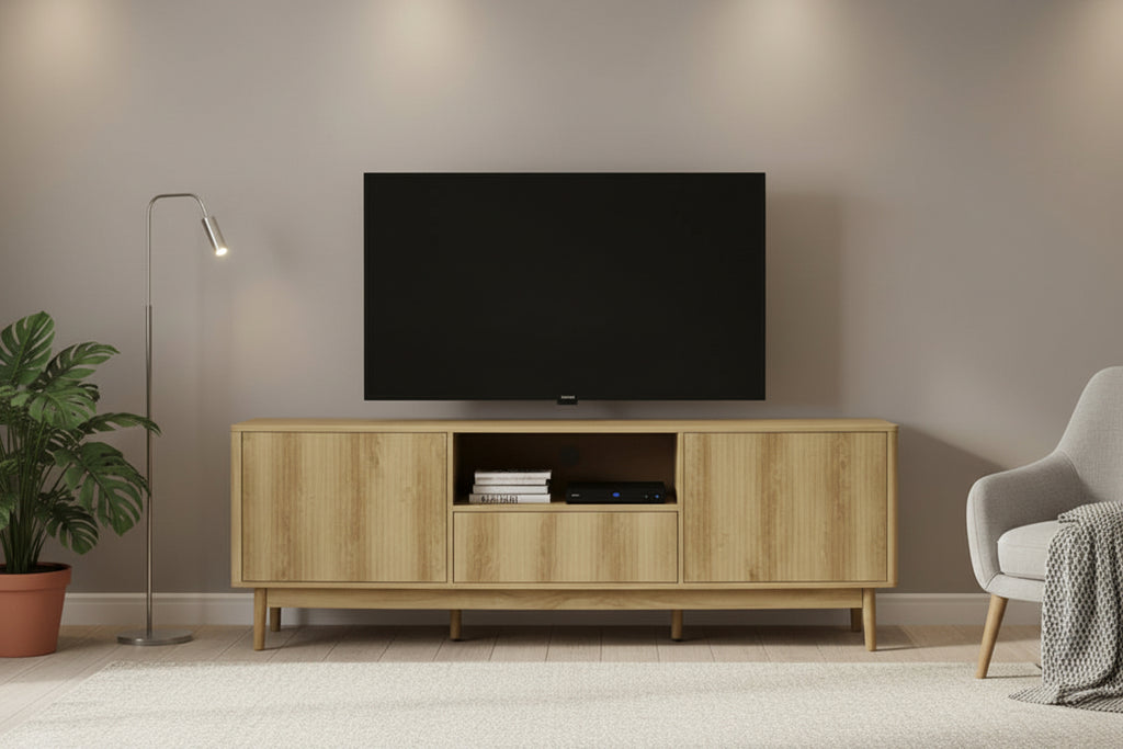 72-inch ribbed front light walnut TV console by Meuble Divino, featuring a sleek modern TV stand with ribbed detailing.
