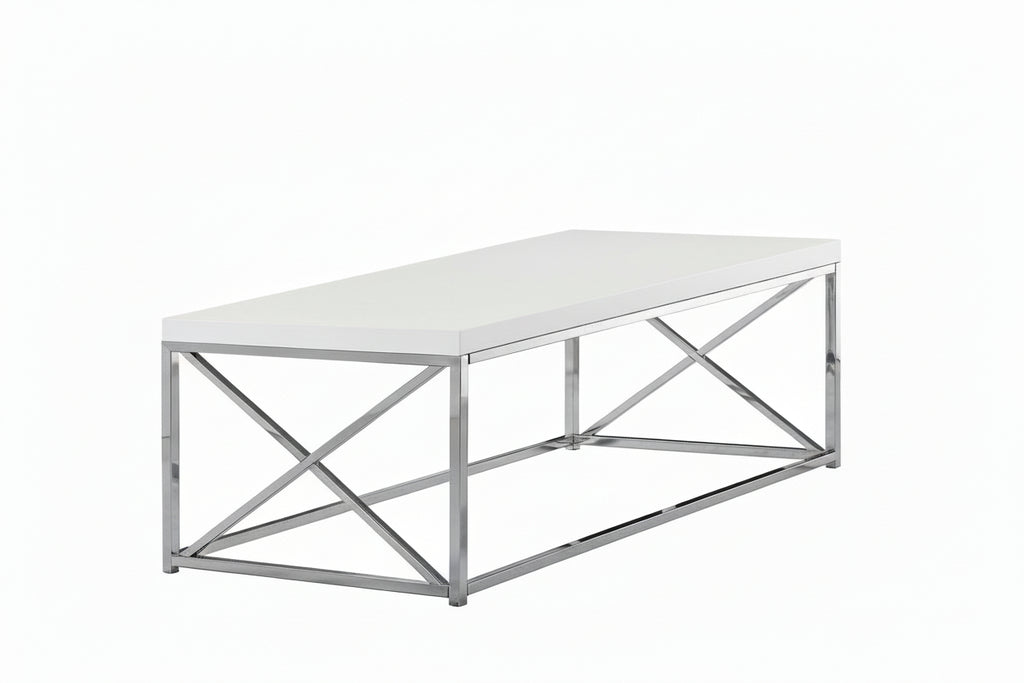 Table basse blanc brillant avec piètement en X chromé