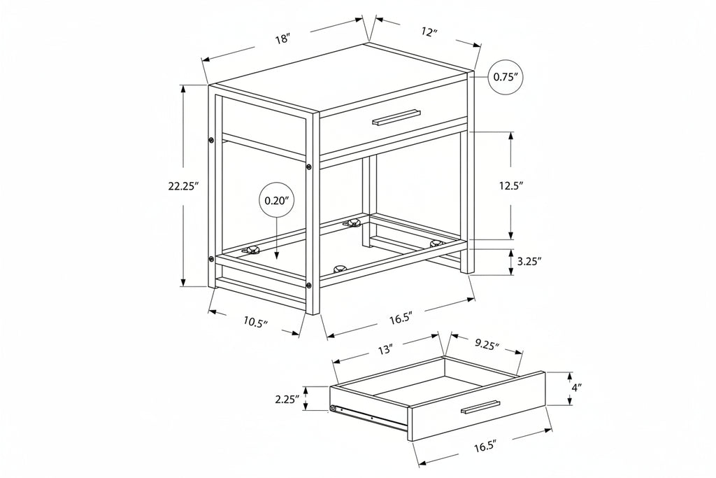 Table d'appoint blanche avec tiroir et étagère en verre