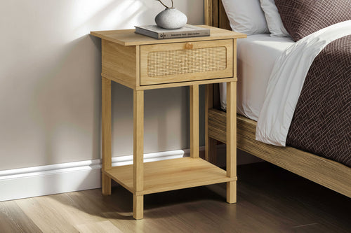 Natural rattan 24-inch nightstand with drop-down storage and shelf by Meuble Divino, ideal for bedroom decor.