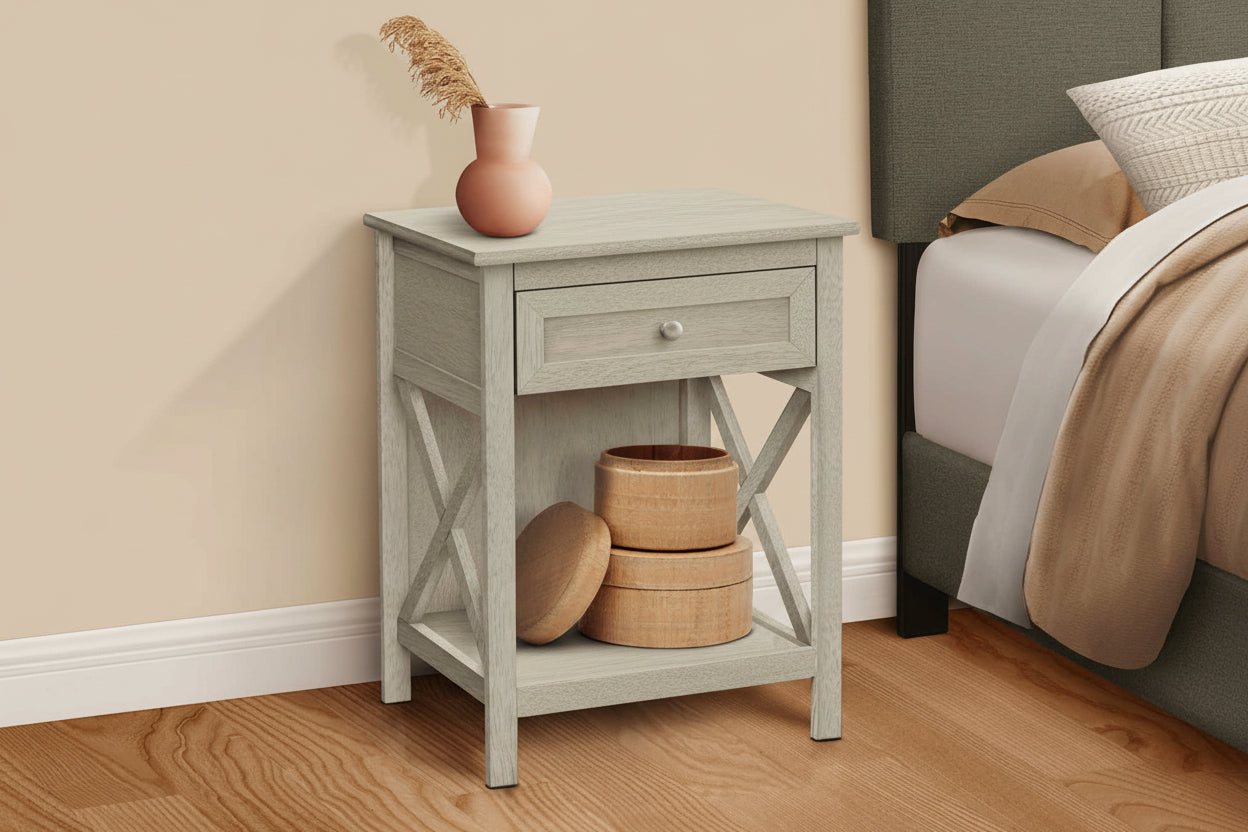 Meuble Divino 2-tier accent side table with drawer and shelf, featuring modern wooden design for bedroom or living room.