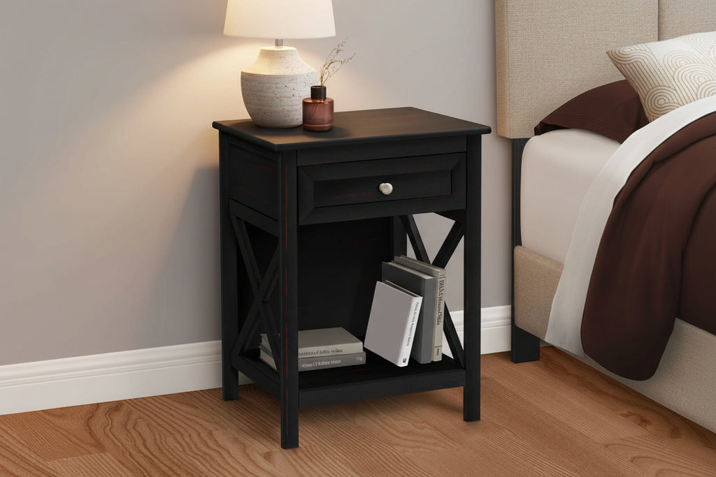 Meuble Divino 2-tier accent side table with drawer and shelf, featuring a modern design for bedroom or living room decor.