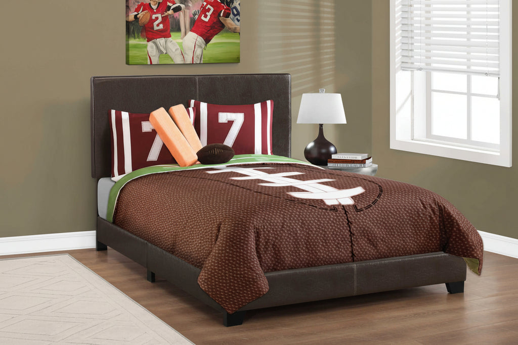 Dark brown leather-look upholstered bed frame from Meuble Divino, featuring a sleek and modern design with plush headboard.