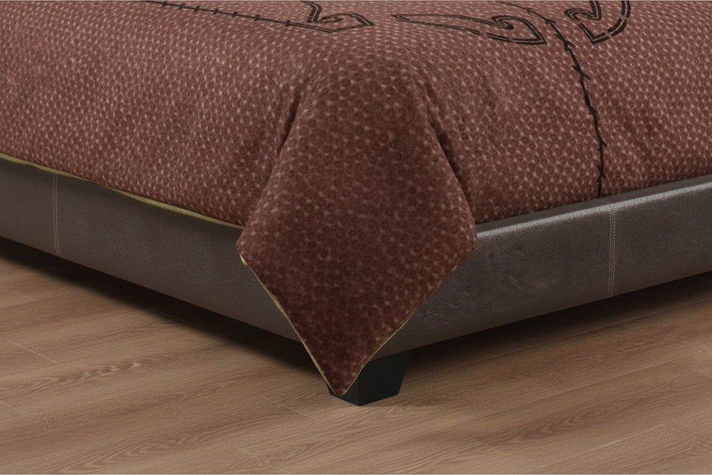 Dark brown leather-look upholstered bed frame from Meuble Divino, showcasing its plush headboard and sturdy wooden base