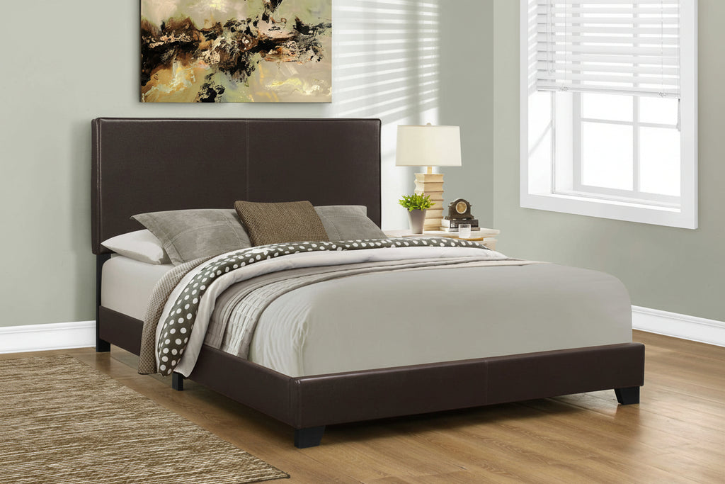 Dark brown leather-look upholstered bed frame with low-profile design from Meuble Divino, showcasing a modern, sleek bedroom centerpiece.