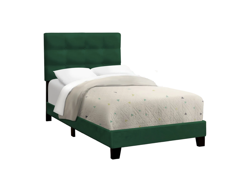 Green velvet single bed by Meuble Divino, showcasing a stylish and comfortable bed frame with a plush fabric finish.