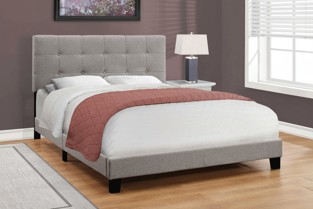Grey linen Queen upholstered platform bed frame with tufted headboard, showcasing a modern, stylish design from Meuble Divino.