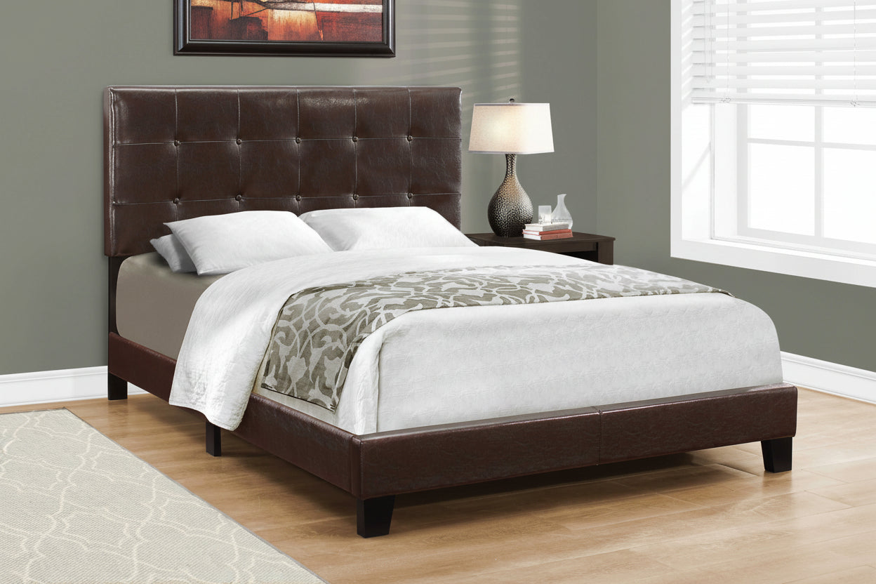 Dark brown leather-look full size platform bed with tufted headboard from Meuble Divino, stylish and modern bedroom furniture.
