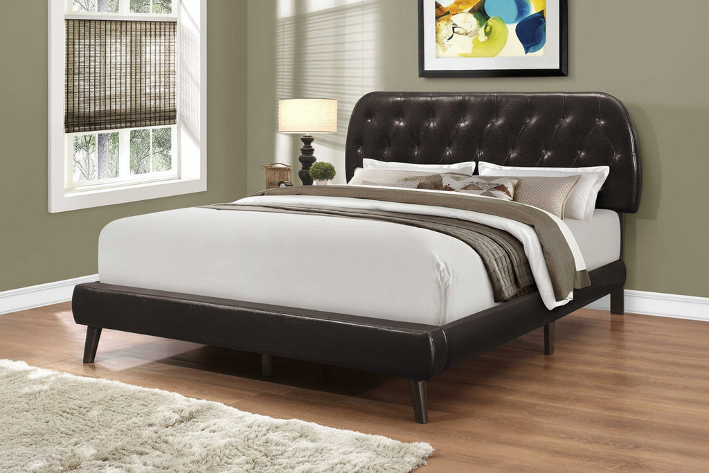 Brown leather-look queen tufted bed frame by Meuble Divino with button-tufted headboard and sturdy wooden legs.