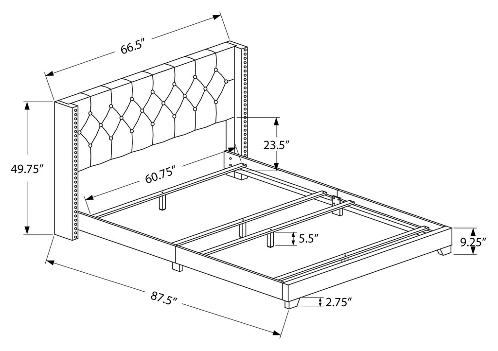 Grey wingback tufted queen bed frame with nailhead trim, featuring elegant upholstery and classic design from Meuble Divino.