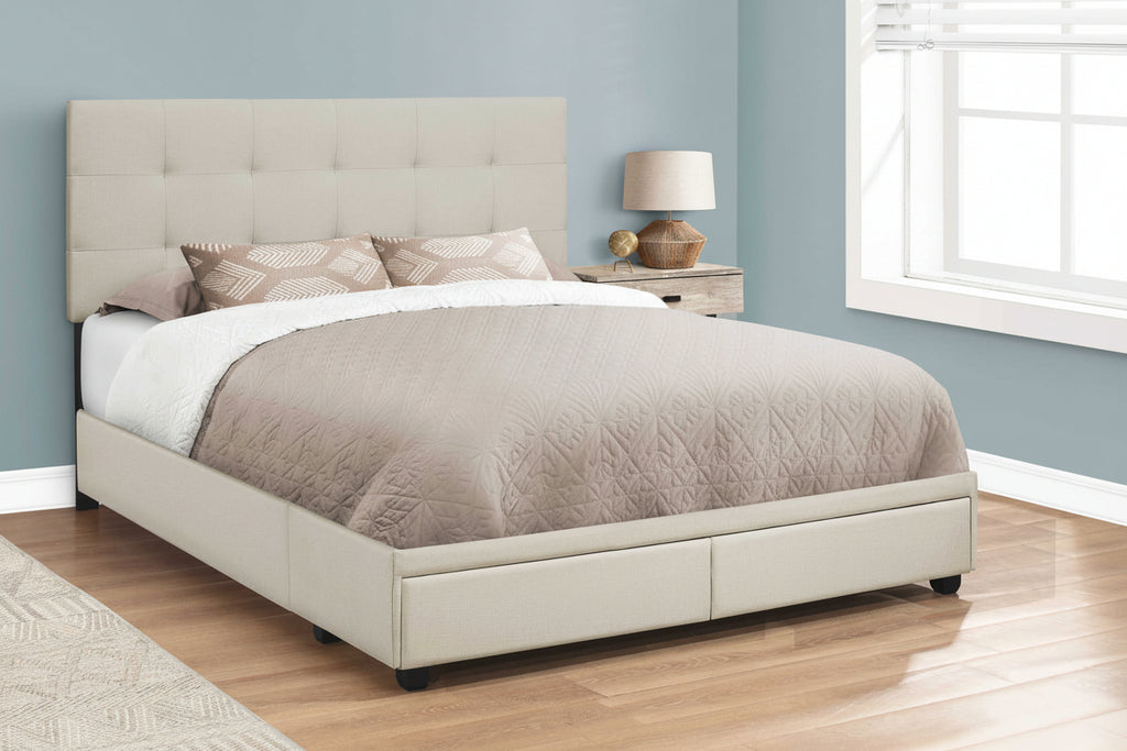 Queen size upholstered bed frame with tufted headboard and built-in storage drawers from Meuble Divino.