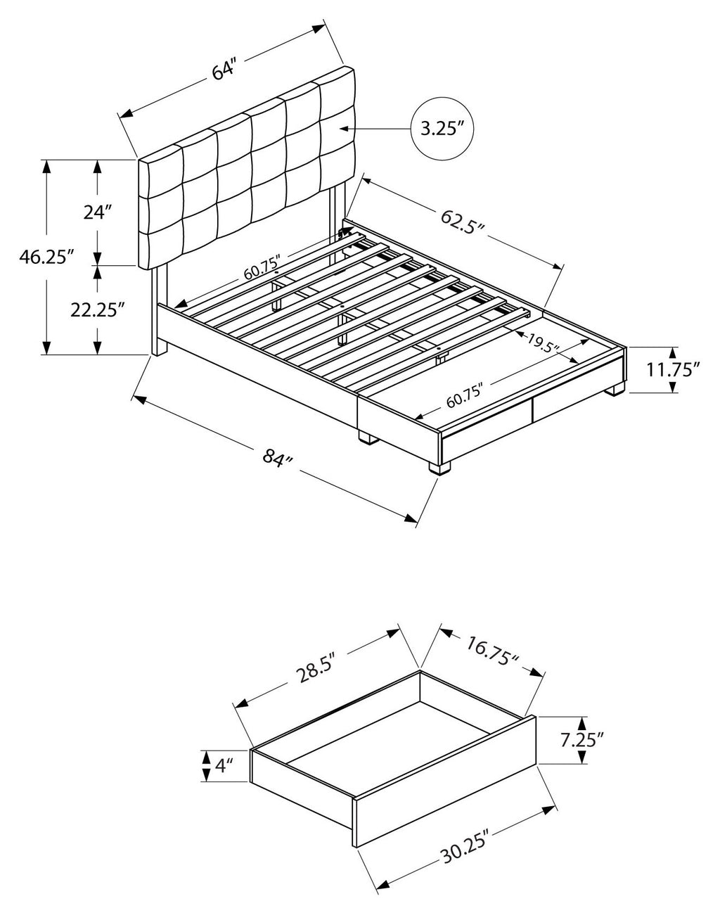Queen size upholstered bed frame with tufted headboard and built-in storage drawers by Meuble Divino.
