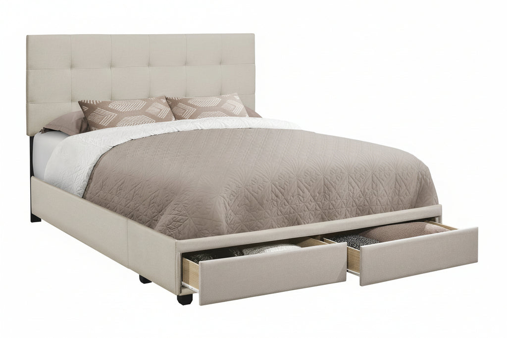 Queen size upholstered bed frame with tufted headboard and built-in storage drawers by Meuble Divino, shown from a front angle.