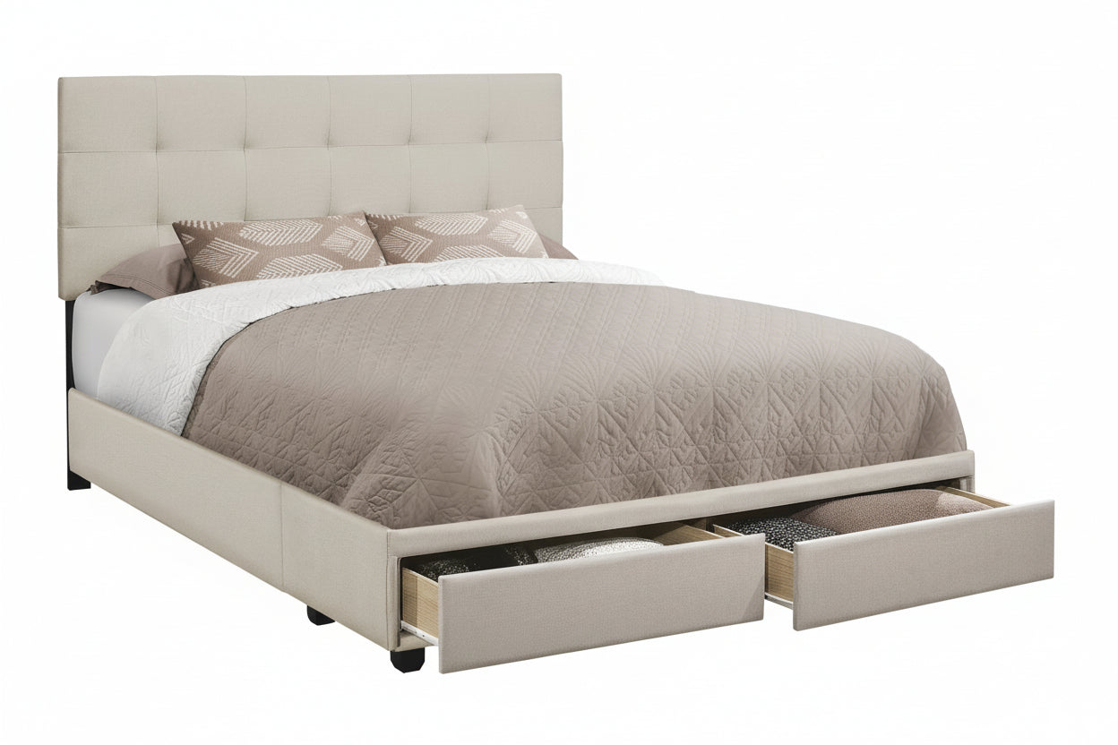 Queen size upholstered bed frame with tufted headboard and built-in storage drawers by Meuble Divino, shown from a front angle.