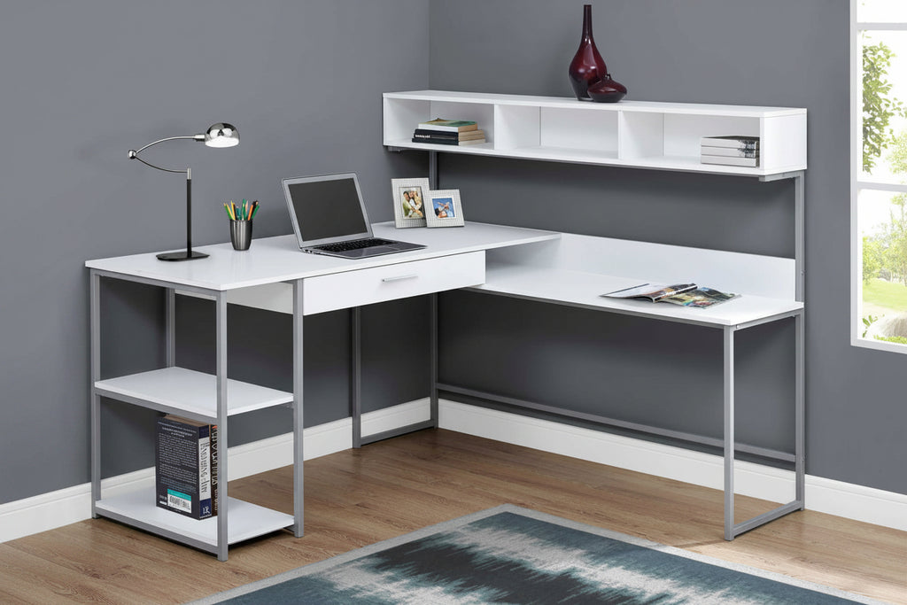 L-Shaped Corner Computer Desk with Storage Hutch – White & Grey