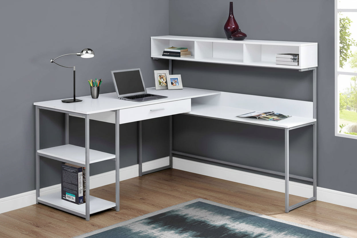 L-Shaped Corner Computer Desk with Storage Hutch – White & Grey