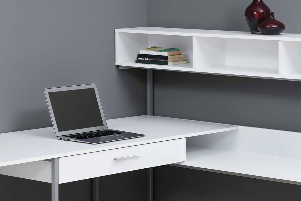 L-Shaped Corner Computer Desk with Storage Hutch – White & Grey