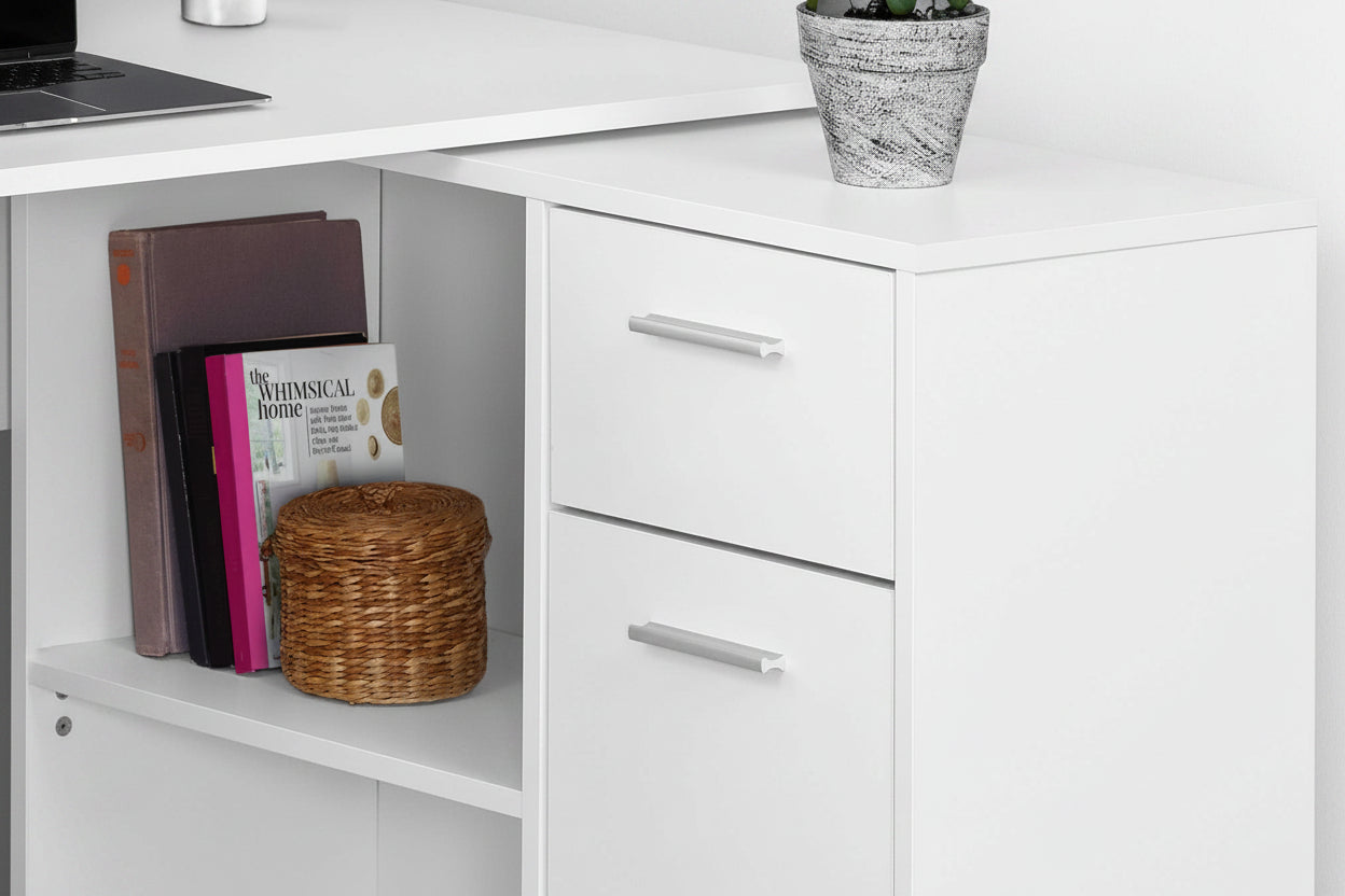 46" L-Shaped Computer Desk with Storage – White