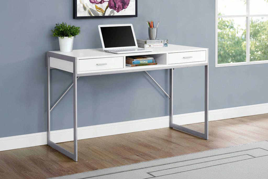 Modern White Computer Desk with Drawers and Open Shelf