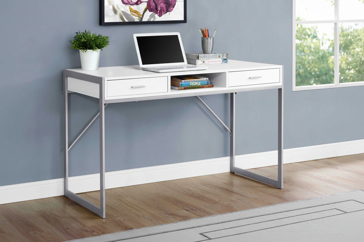 Modern White Computer Desk with Drawers and Open Shelf