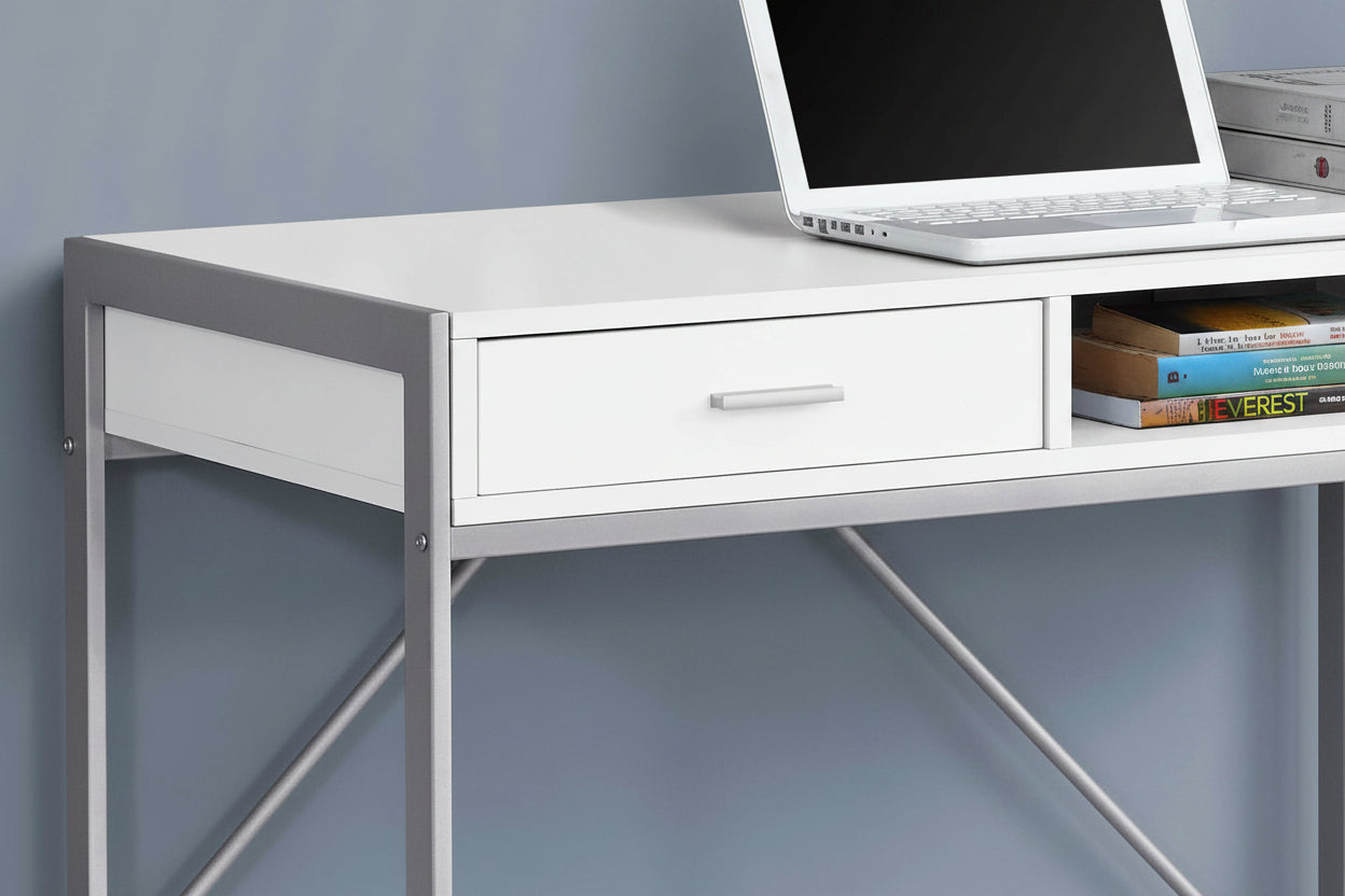 Modern White Computer Desk with Drawers and Open Shelf