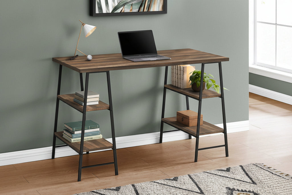 Industrial Brown Computer Desk with 4 Open Shelves