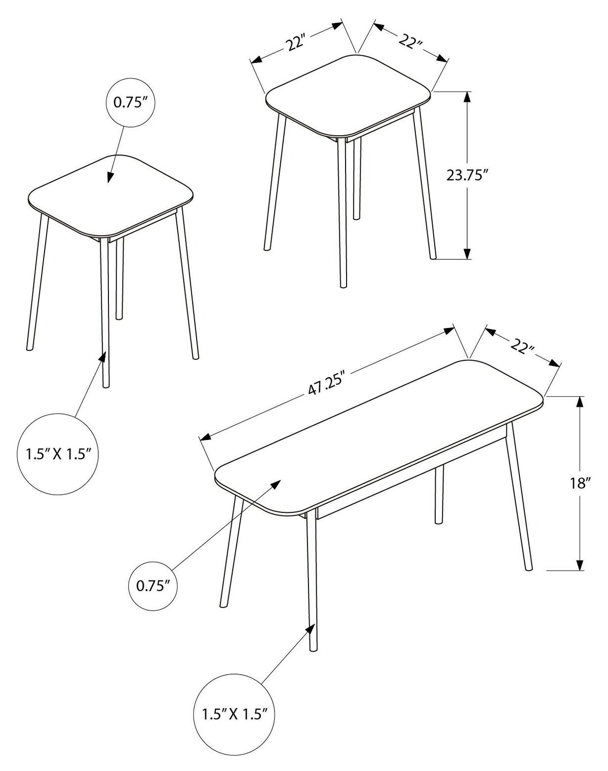 Set of three mid-century modern coffee tables in wood and metal, designed by Meuble Divino, with sleek, minimalist accessories.
