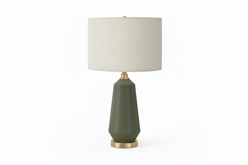 Modern 26-inch green ceramic table lamp with ivory linen shade and 3-way lighting, designed as a stylish home accessory.