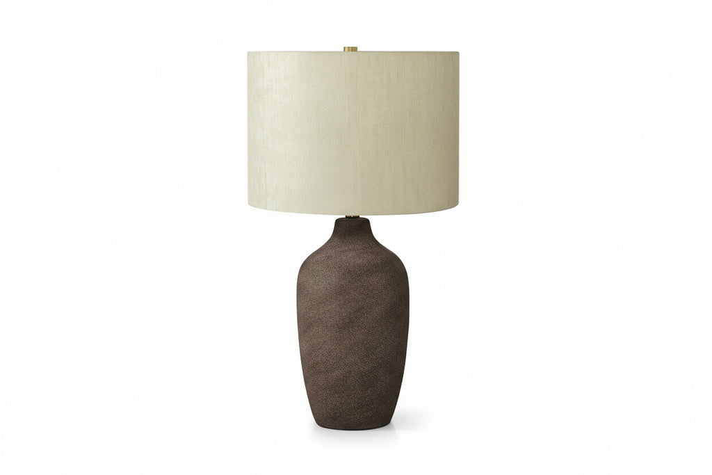 Grey ceramic table lamp with linen shade, 27-inch height, designed by Meuble Divino, perfect for living room or bedroom decor.