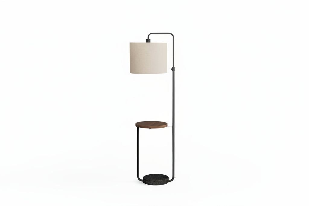 Modern 67-inch floor lamp with shelf, linen shade, and USB port by Meuble Divino, featuring sleek accessories design.