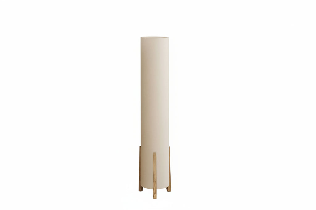 Modern floor lamp with fabric shade and foot switch, featuring sleek design and metal stand for stylish home lighting.