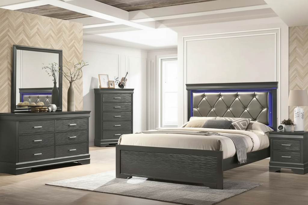 Queen bedroom set in gunmetal grey featuring a bed, nightstands, and dresser by MTL meubles et Matelas