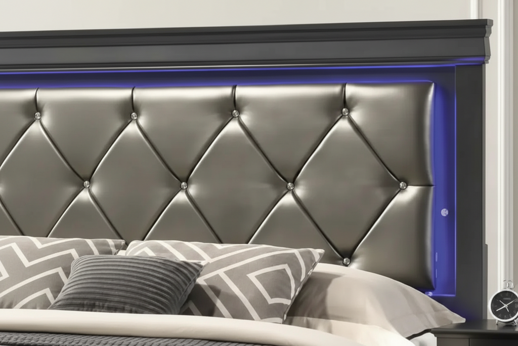 Gunmetal grey Brook bedroom set in queen size with six pieces, featuring modern design from MTL meubles et Matelas.