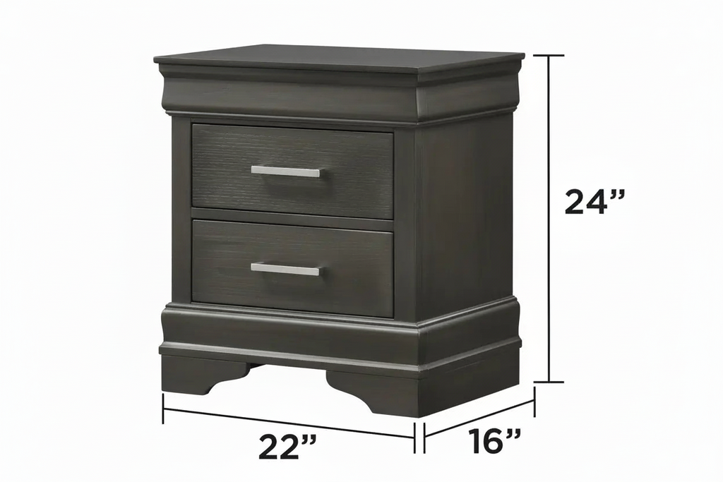 Queen bedroom set in gunmetal grey by MTL meubles et Matelas, featuring six luxurious bedroom pieces including bed, nightstands, and dresser.