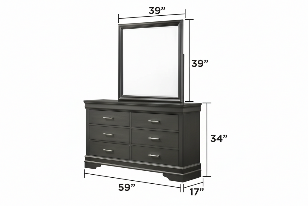 Queen-sized Brook bedroom set in gunmetal grey featuring a bed, nightstands, dresser, and mirror from MTL meubles et Matelas.