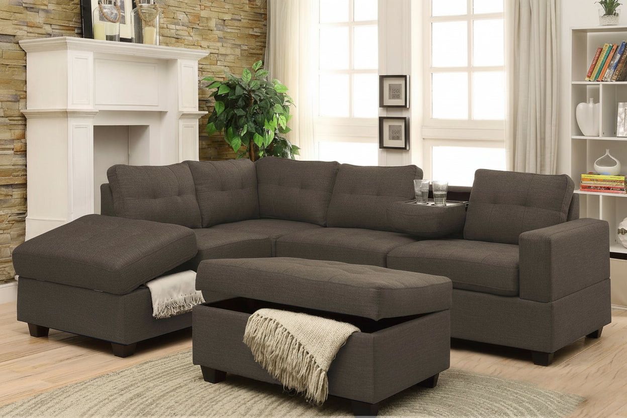 Madrid sofa with dropdown tray storage on side and storage ottoman