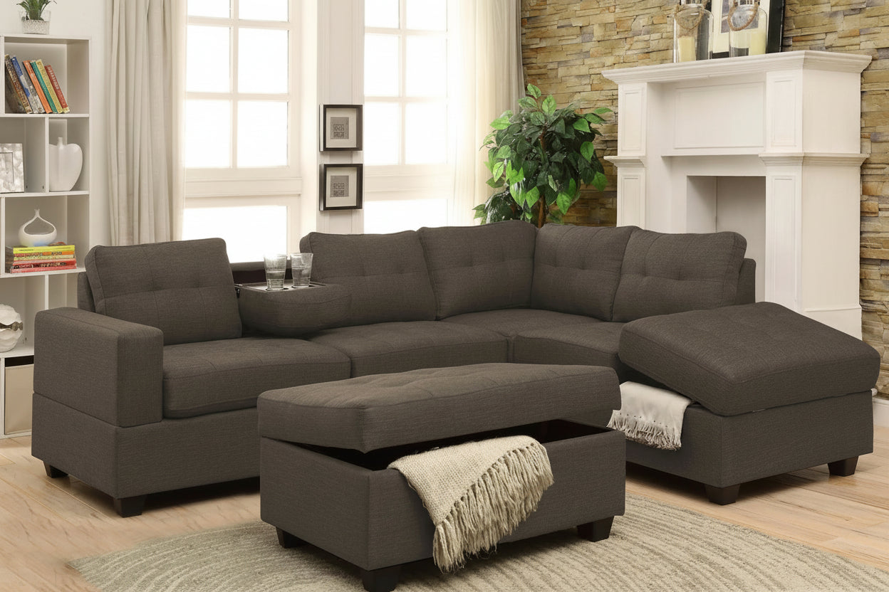 Madrid sofa with dropdown tray storage on side and storage ottoman