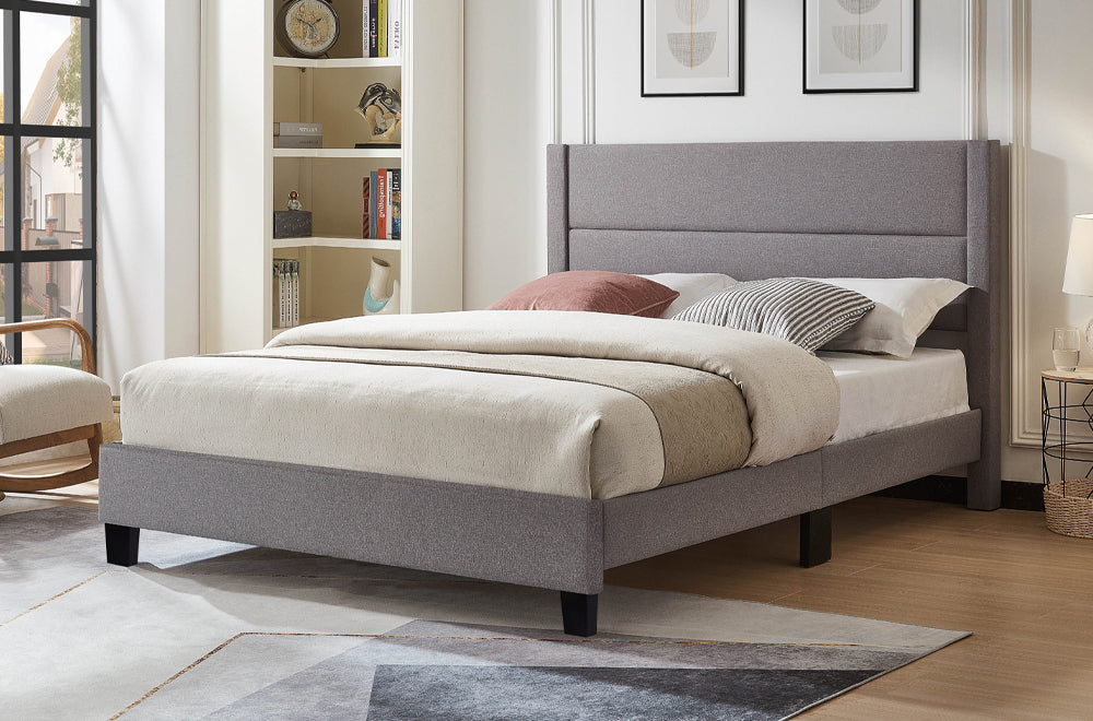 Affordable platform bed with grey tufted headboard