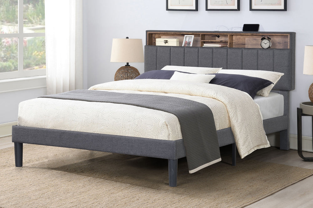 Queen Platform Bed with Storage, Shelves & USB Port – Grey Linen Upholstery