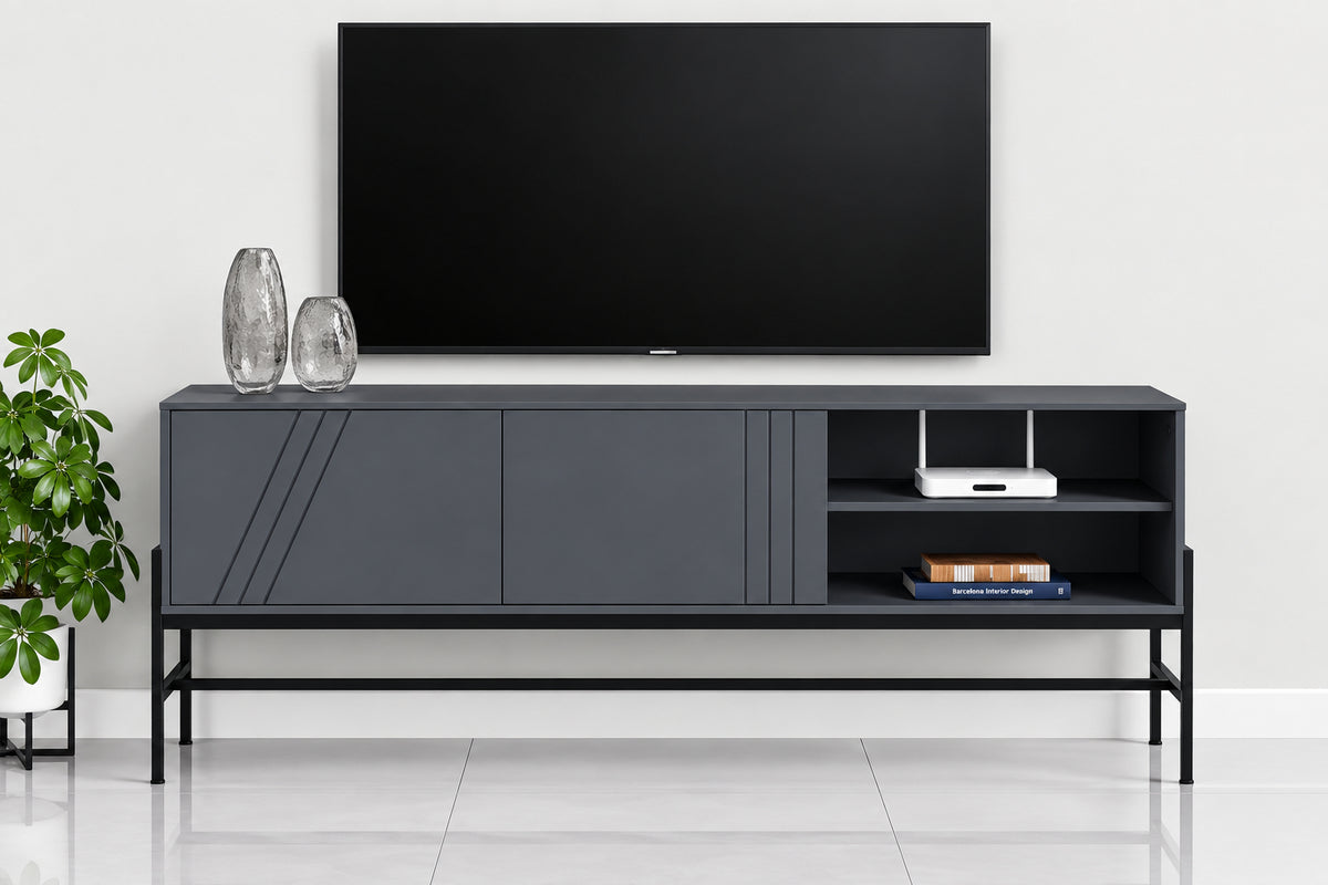 Front view of a 60-inch contemporary Meuble Divino TV stand and media console with sleek storage compartments.