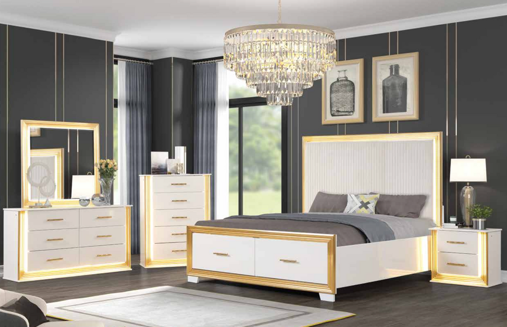 Royal Bedroom Set King— White With Gold Accents