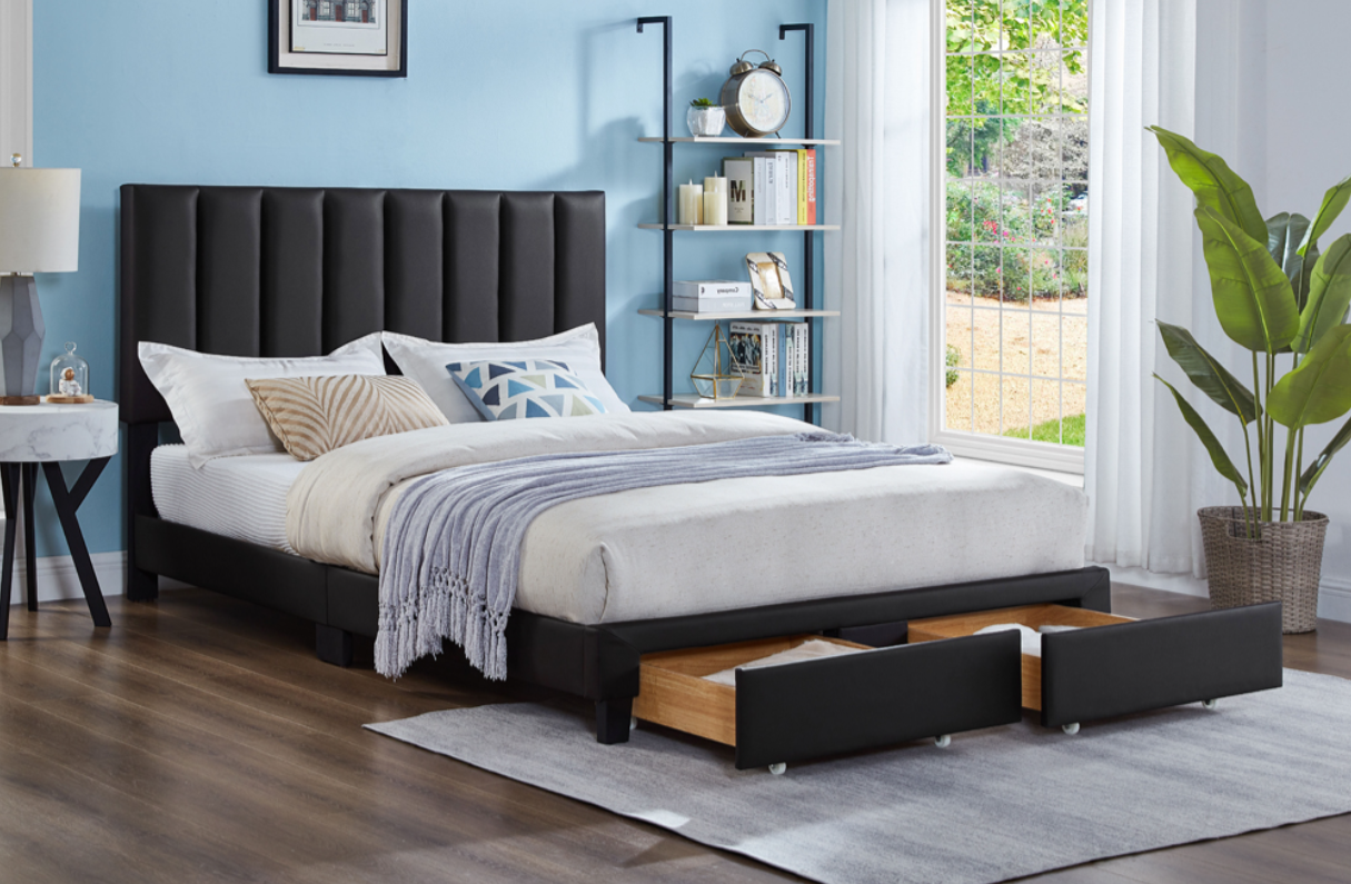 Elegant Platform Queen Bed with 2 Drawers — Black