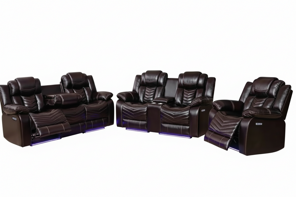 Three-mechanical electric recliner sofa set by Meuble Divino, with plush cushions and modern design, shown in a living room setting.