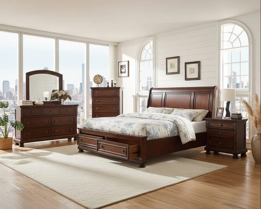 Ensemble de chambre à coucher Queen en noyer foncé avec lit de rangement