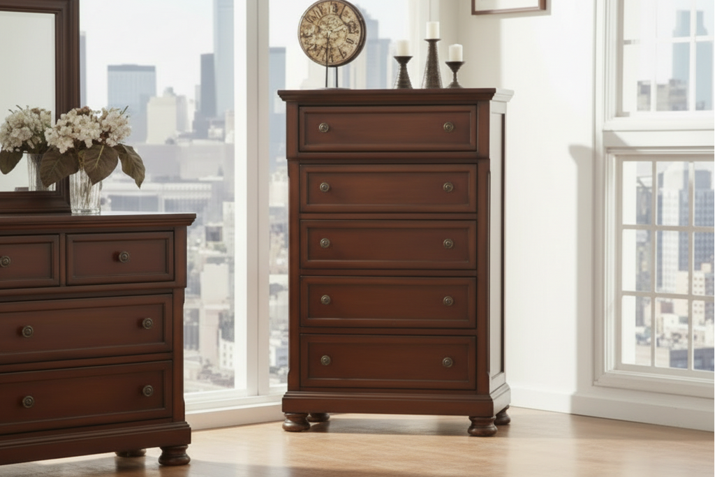 Walnut Queen Bedroom set with storage bed from Meuble Divino, showcasing the elegant bedroom furniture and spacious storage drawers.