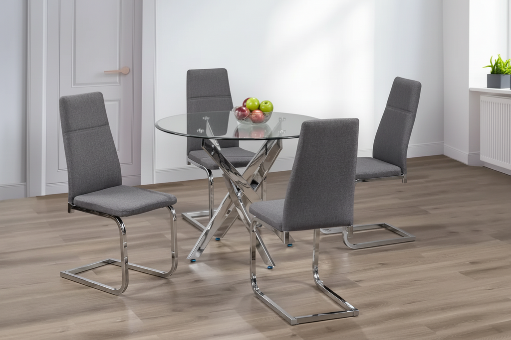 Round glass dining table with chrome cross-leg base by Meuble Divino, showing the sleek glass top and modern chrome support structure.