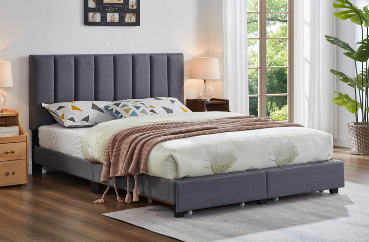 Elegant Platform Queen Bed with 2 Drawers — Grey